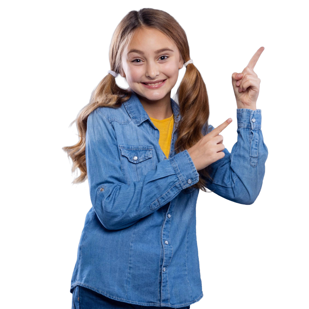 young female girl wearing a denim button up pointing both hands to the right. 